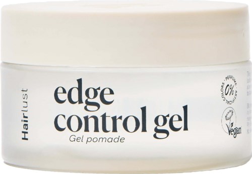 Een witte potje edge control gel met een beige deksel, gelabeld met productnaam, veganistisch symbool en 0% parfum badge.