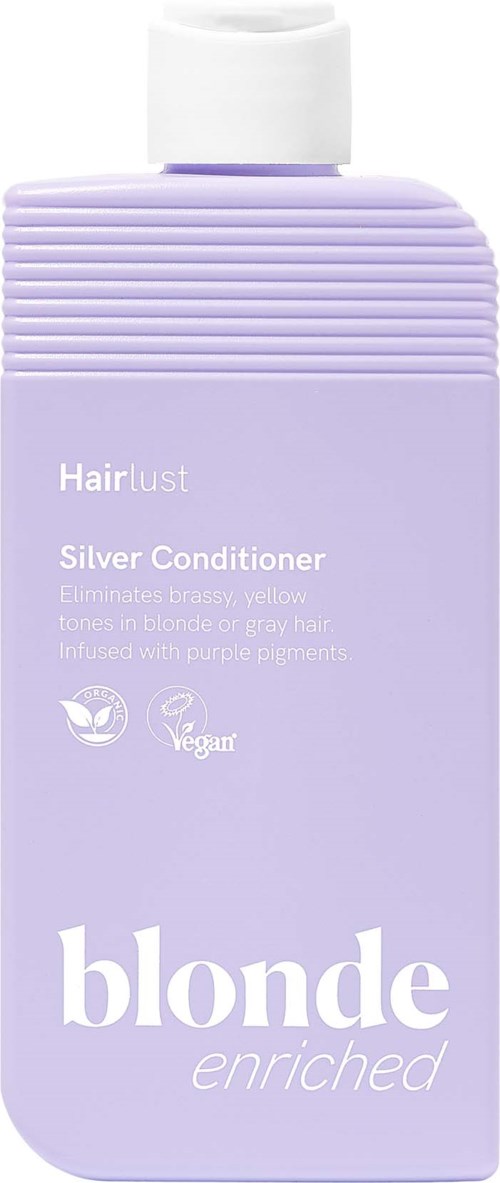 Een lavendelkleurige fles Hairlust Blonde Enriched Silver Conditioner met witte tekst en flip-top dop.