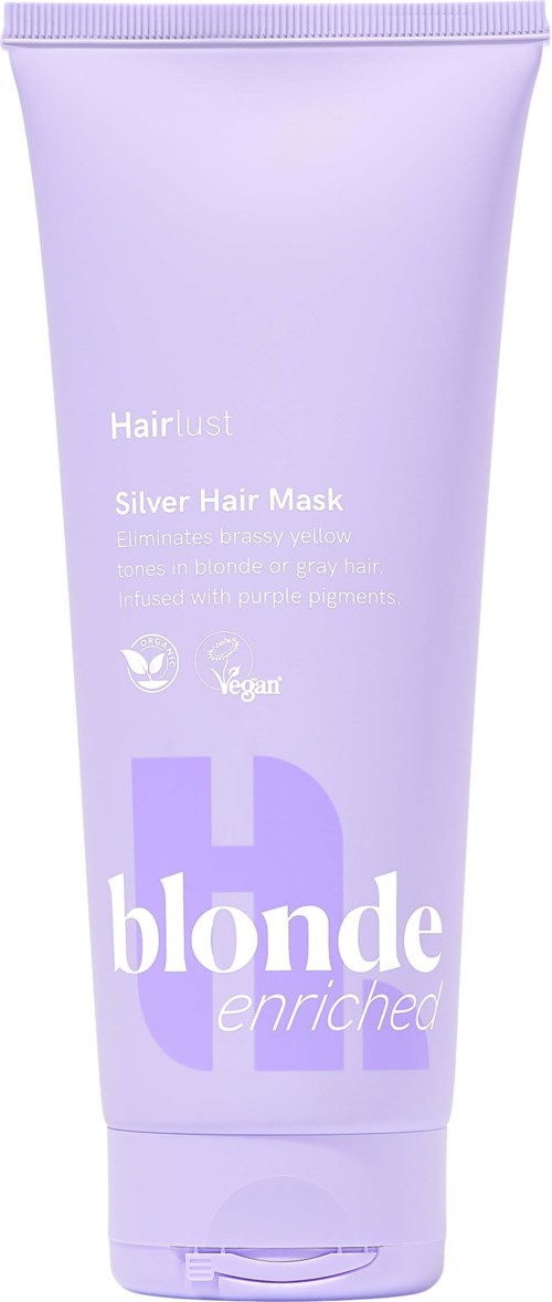Lavendelkleurige shampoo tube met label met tekst Blonde Enriched, Hair Mask en vegan symbool.