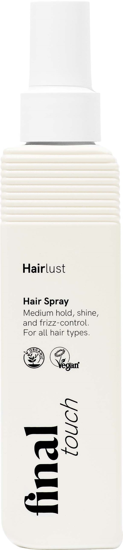 Hairspray in een witte fles met spraydop, genaamd final touch, voor medium hold, glans en frizzcontrole.