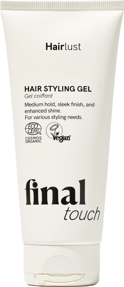 Final Touch Haarstyling Gel in witte tube met zwarte tekst, vegan en biologisch.