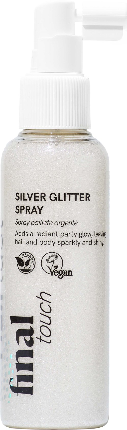 Zilveren glitter sprayfles met witte pomp, etiket met productnaam en veganistische en milieuvriendelijke iconen.