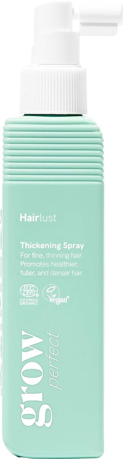 Groene sprayfles met witte pomp gemarkeerd Hairlust Verdikkingsspray voor dun haar.