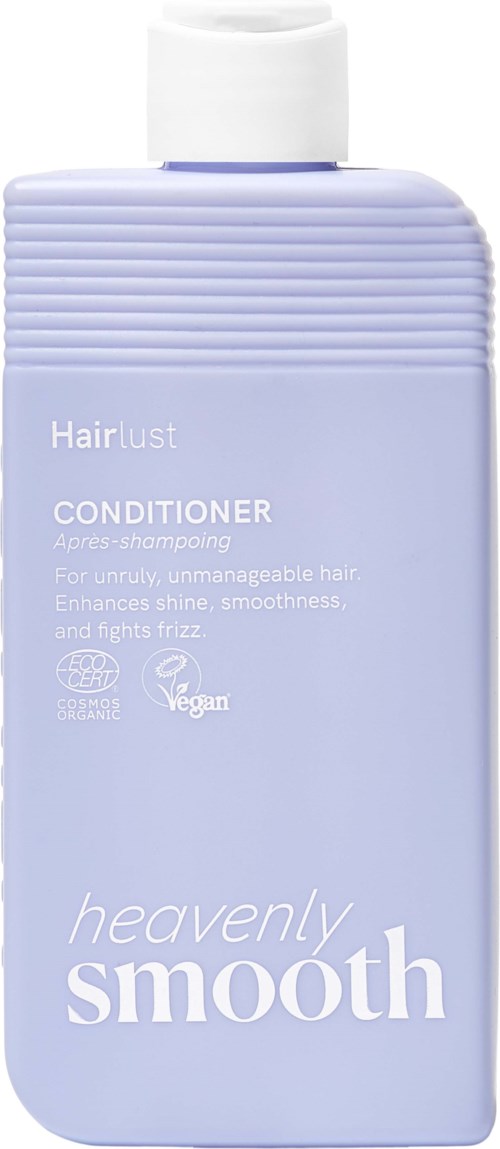 Lichtpaarse fles met conditioner en witte dop, genaamd Heavenly Smooth, voor frizz en glans.