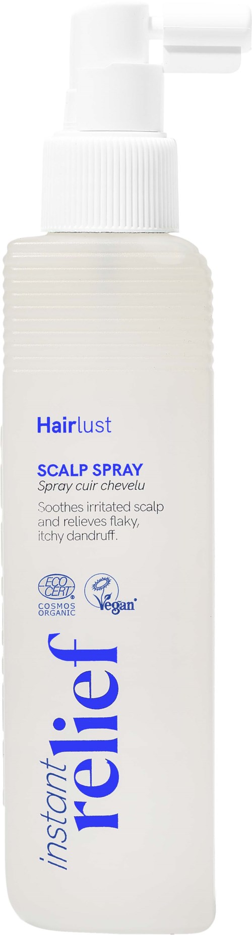 A white bottle of Hairlust scalp spray with a pump top, labeled for soothing irritated scalps and controlling dandruff.