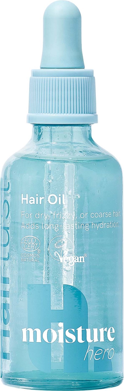 Light blue dropper bottle of hair oil with dropper cap, labeled for hair care and hydration.