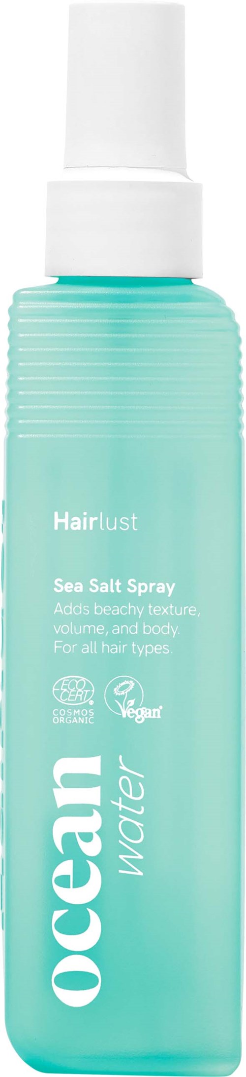 Havsaltsspray i en turkisflaske med hvit spray, merket Ocean Water for hårstyling.