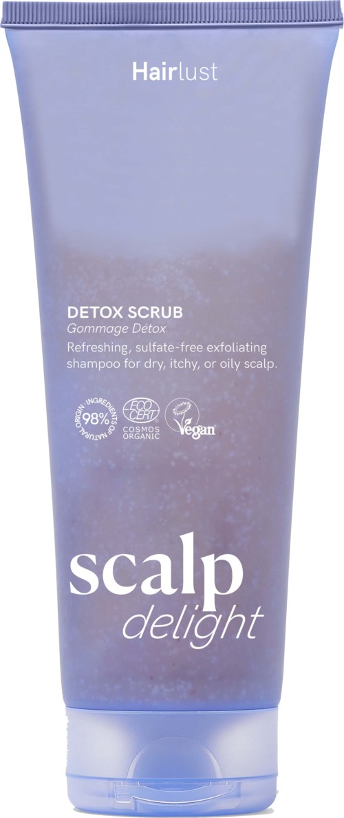 Detoxskrubb i lilla tube for hodebunn, vegansk, uten sulfater og eksfolierende.