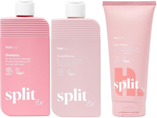 Tre rosa hårvårdsprodukter: schampo, balsam och hårmask från varumärket Split Fix med vita etiketter.