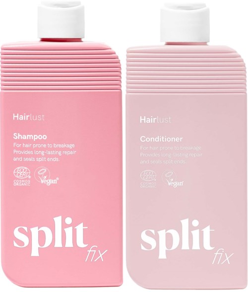 Två rosa schampo- och balsamflaskor från Hair Lust, med ribbade lock och vita etiketter som visar produktnamn och fördelar.