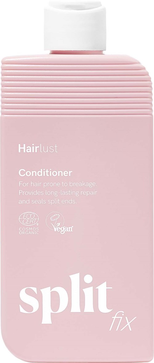 Rosa hårbalsamflaska med vit kork, märkt Hairlust, vegansk, och split fix.
