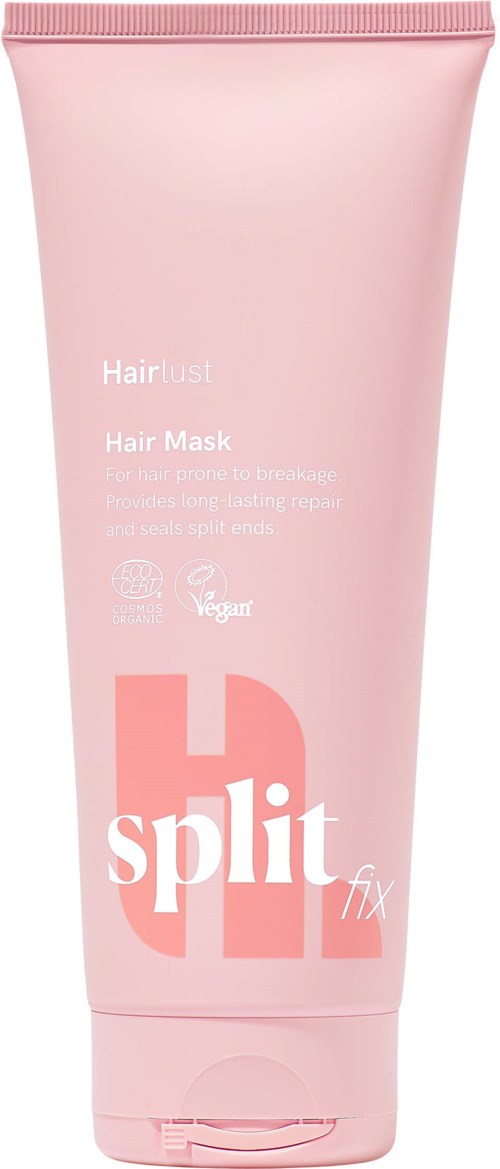 Rosa hårmaskpåse med vit och mörkare rosa text, inklusive ord som Hair List och split repair.
