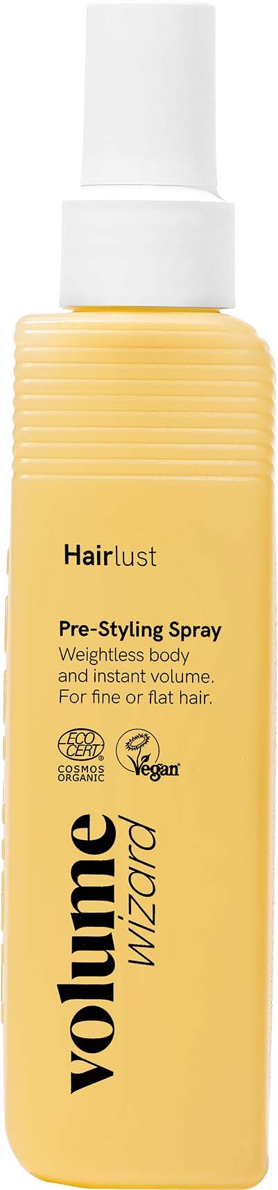 Gul flaske med Hair Lust Pre-Styling Spray for vektløs volum og kropp, egnet for fint eller flatt hår.