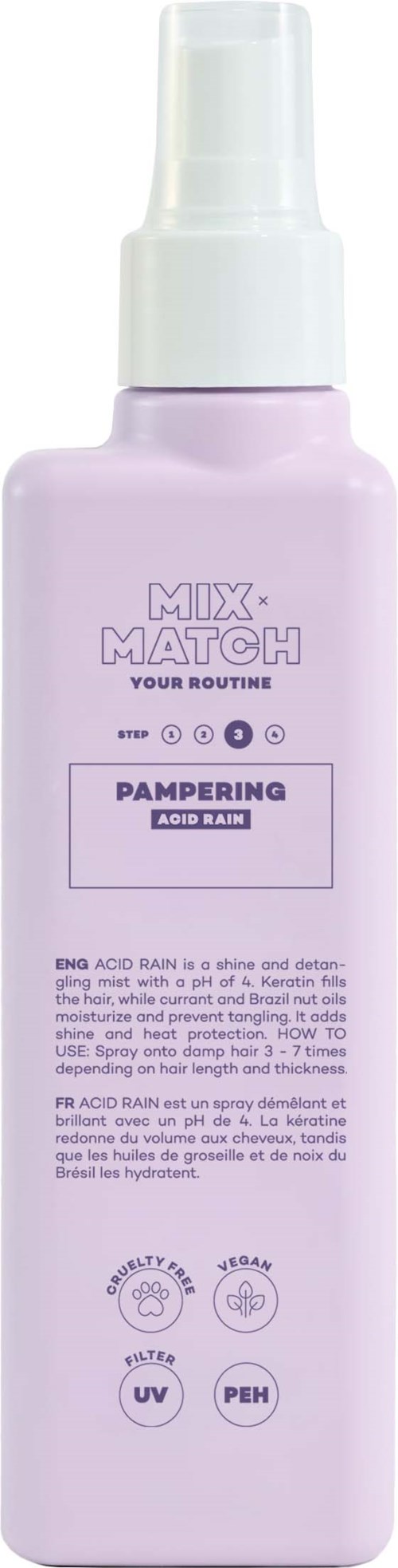Een lichtpaarse sprayfles met witte dop, gelabeld "PAMPERING" en "Aloe Berry," met UV- en Pen-iconen.