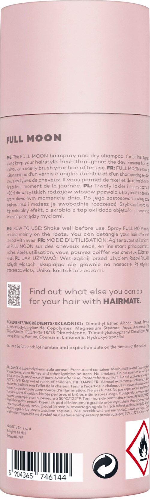 Roze cilindervormige fles met tekst over haarproduct genaamd FULL MOON en veiligheidswaarschuwingen.