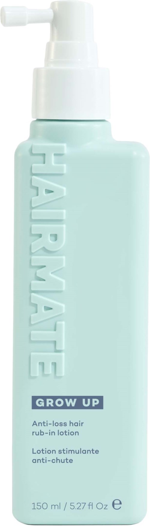 Light blue bottle with white pump, labeled 'Haarmatte' and 'Grow Up', for hair growth and anti-hair loss.