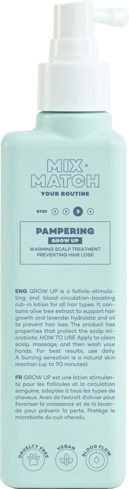 A light blue spray bottle with white cap, labeled 'Pampering,' for scalp treatment to prevent hair loss.