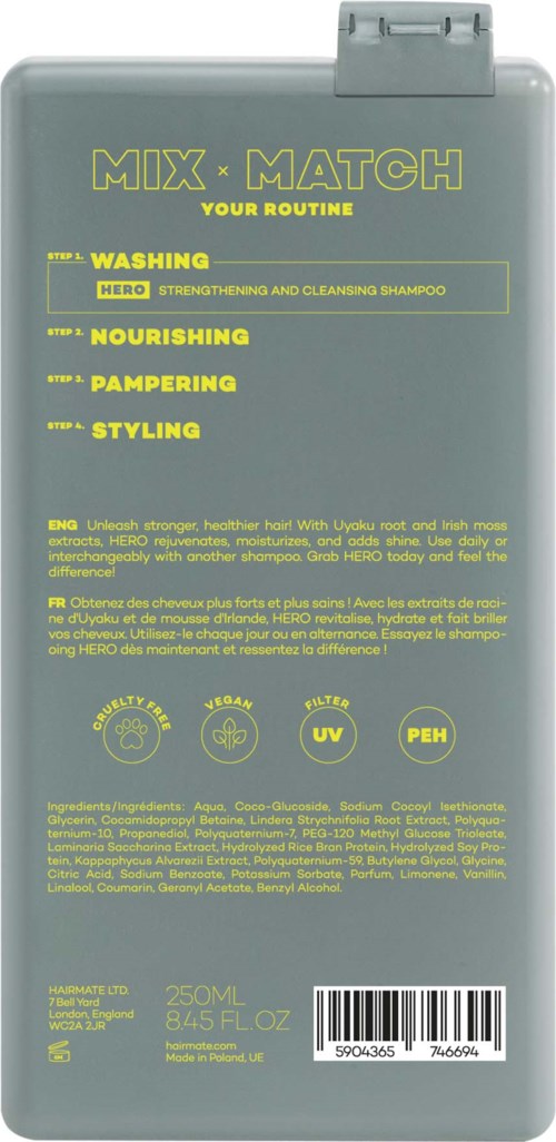 Haarverzorgingsinstructies: Was, voed, verwennen en stylen met genoemde producten. Bevat 250 ml, UV- en PEH-filters.