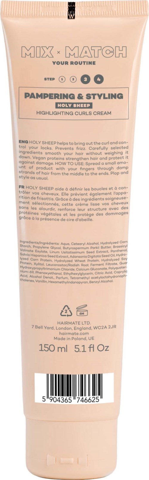 Różowa tubka Holy Hemp do podkreślania loków, z tekstem o pielęgnacji i stylizacji. Zawiera 150 ml.