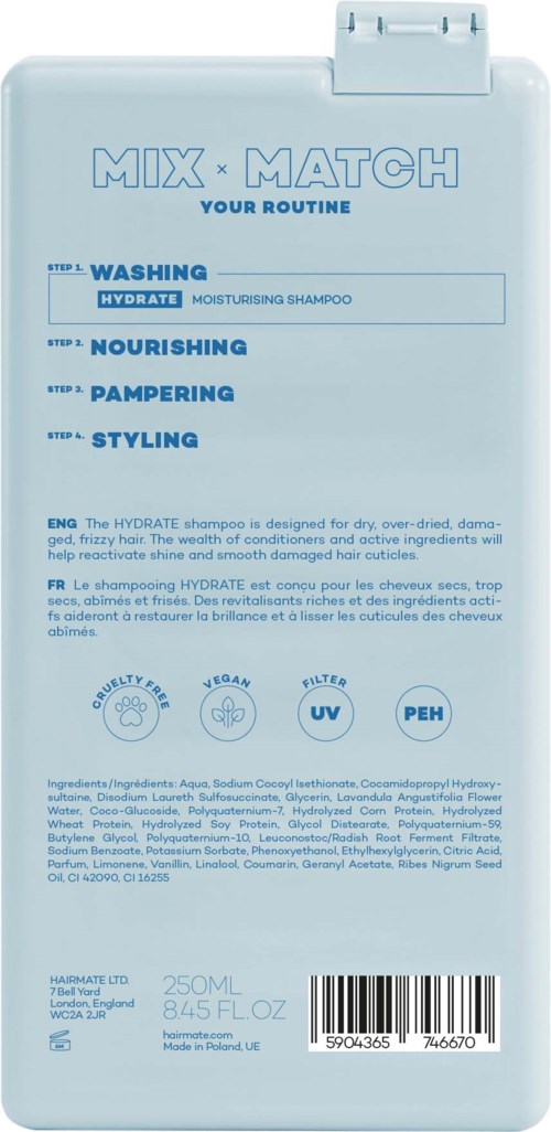 Een fles met instructies voor wassen, voeden, verwennen, stylen en iconen voor ingrediënten en kenmerken.