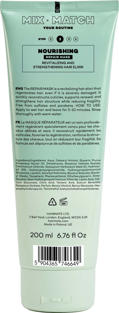 Een mintgroene tube met voedende herstellende haarmasker met zwarte en witte tekst, merknaam en ingrediëntenlijst.