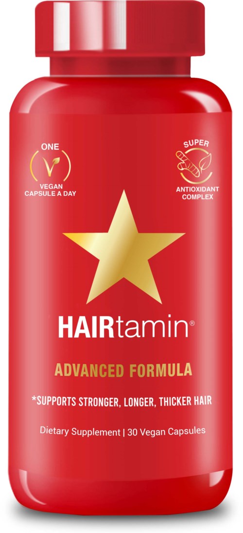 Red bottle with a gold star, says HAIRtamin, supports thick hair, and is a vegan supplement.
