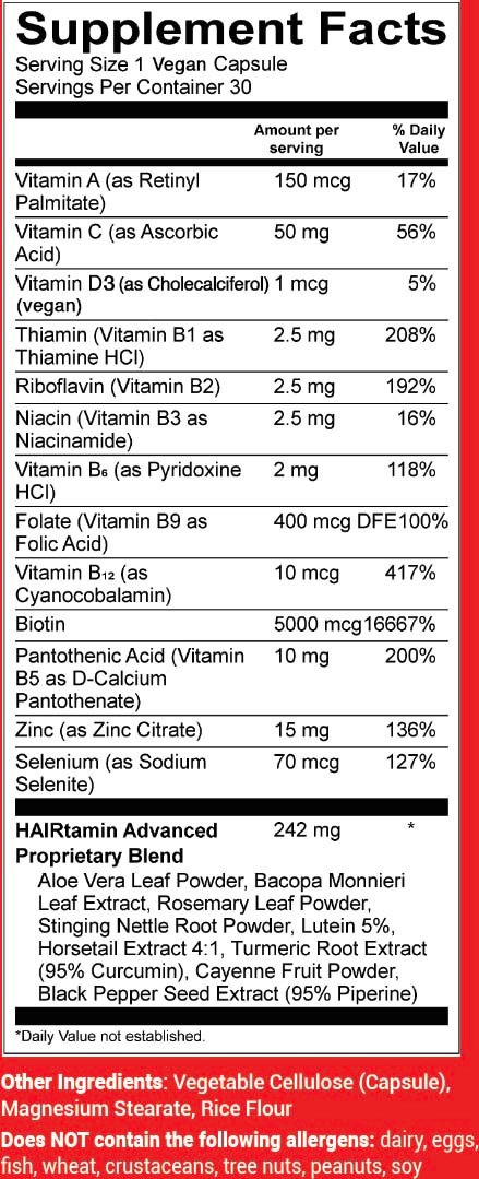 A supplement facts label lists vitamins, minerals, and ingredients in a capsule, with daily values and ingredients at the bottom.