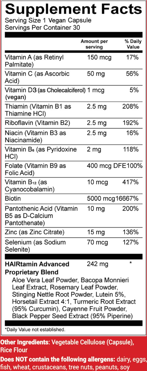 Nährwerttabelle listet Vitamine, Mineralien und Inhaltsstoffe eines veganen Nahrungsergänzungsmittelkapsels.