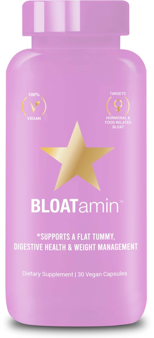 Pink bottle with a gold star logo, mentions digestion and weight management, contains vegan capsules.
