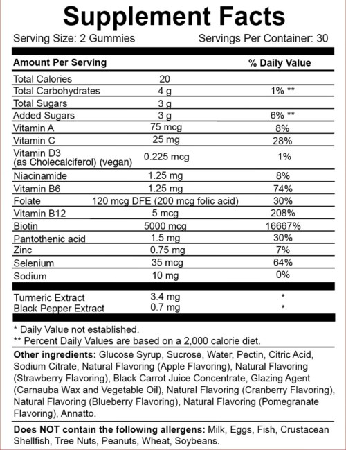 Ein Nahrungsergänzungsetikett listet Nährstoffe, Vitamine, Zutaten und Allergene in 20 Gummis.