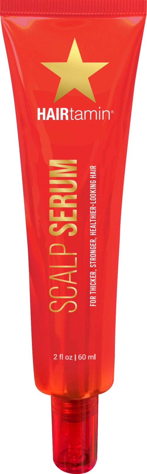 Red tube of hair treatment with a yellow star, labeled 'SCALP P SERUM' and 'HAIRtamin'.