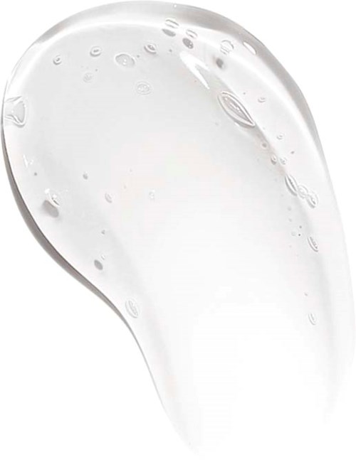 A clear, watery gel with tiny bubbles inside, shaped like a drop.