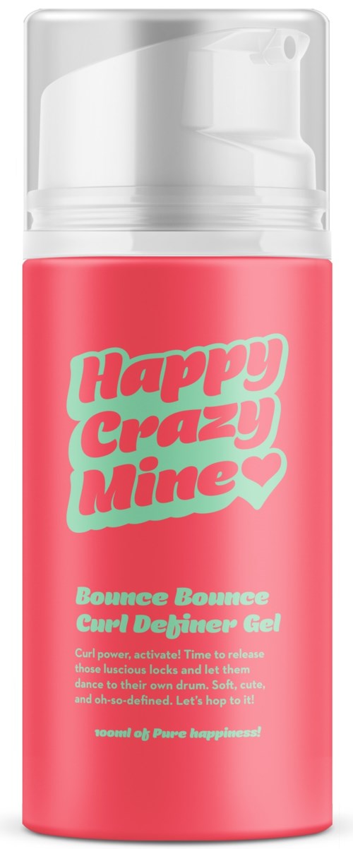 Pinkki pullo, jossa sprayhuppu, ja siinä lukee "Happy Crazy Mine" ja kuvaa kiharrusgeeliä.