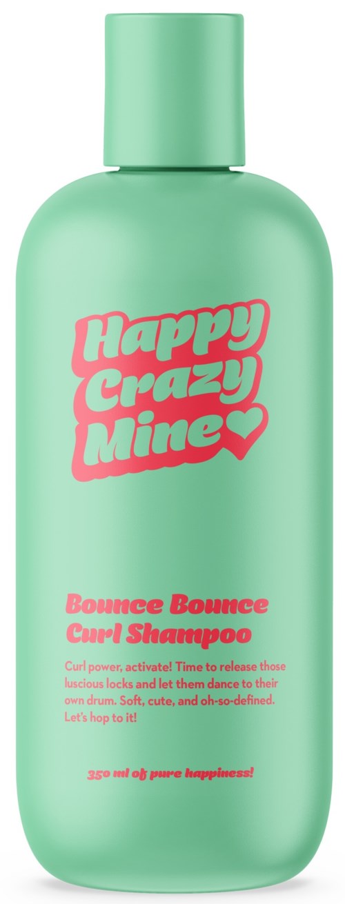 Een muntgroene shampoo fles met roze tekst die zegt "Happy Crazy Mine" en "Bounce Bounce Curl Shampoo."
