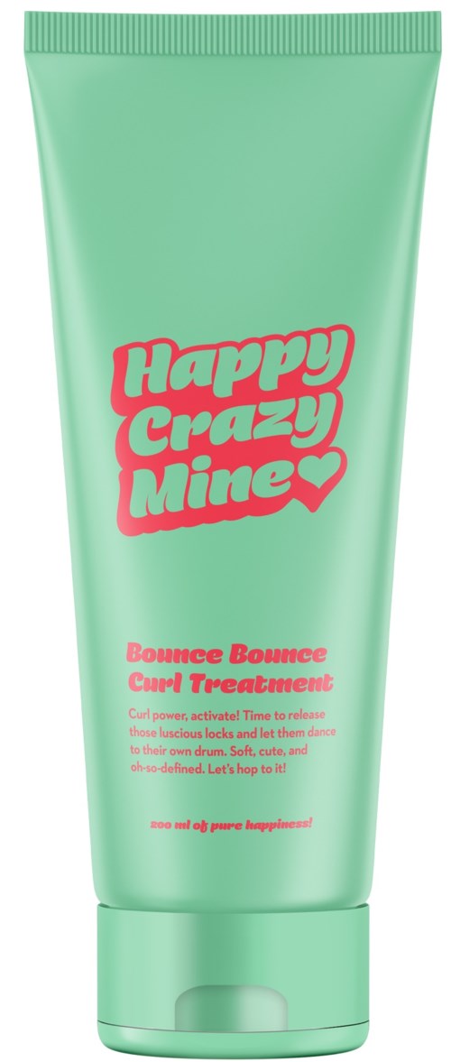 Een lichtgroene tube met 'Happy Crazy Mine' in roze tekst voor haarbehandeling. Eenvoudig ontwerp.