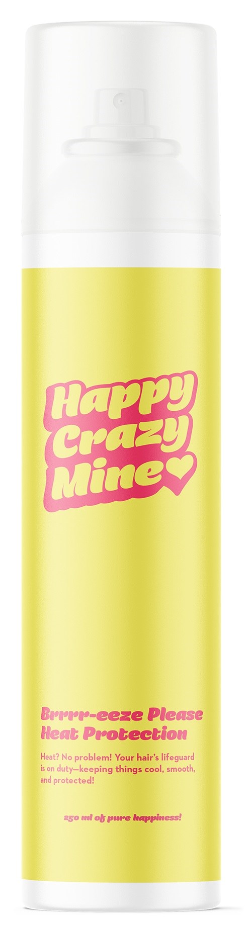 Butelka spray z nadrukiem "Happy Crazy Mine" w różowym kolorze, żółte tło, przezroczysta nakrętka.