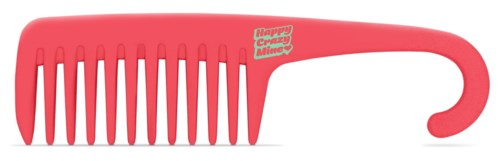 En rosa hårkam med ett handtag, orden "Happy Crazy Minx" på den.