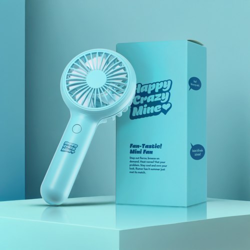 A small light blue fan with a box showing its name and features behind it.