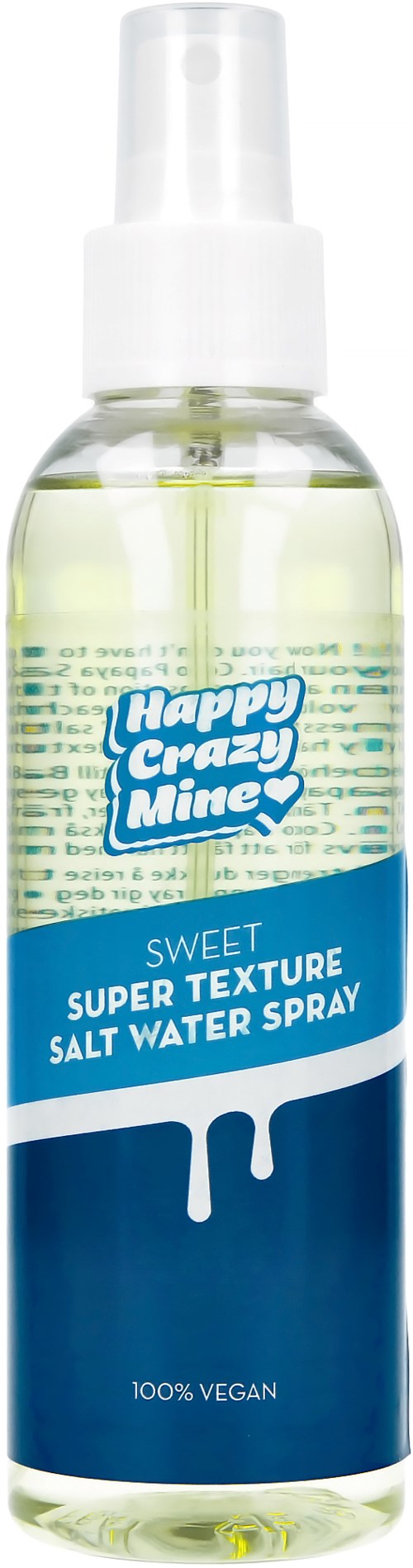 En sprayflaska märkt "Sweet Super Texture Salt Water Spray" med en Happy Crazy Mine-logga och blå och vit design.