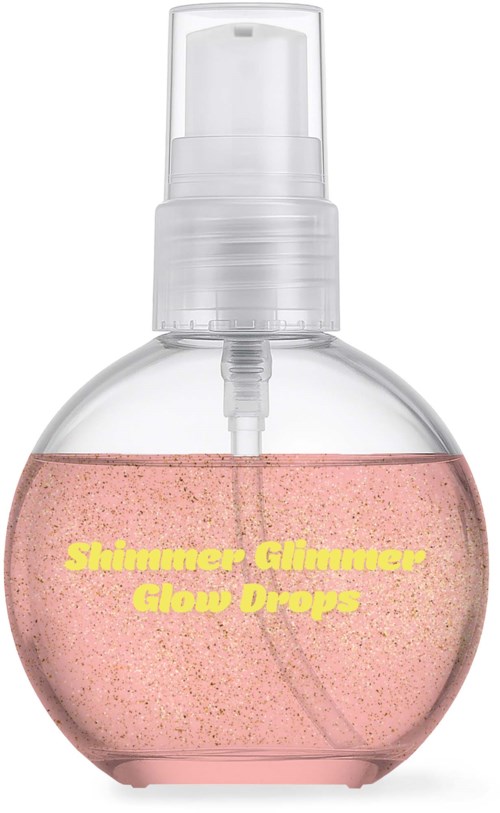 Eine runde klare Flasche mit pinkfarbenen Glanzlichtern und Pumpkopf.