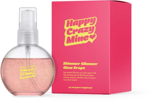 Rote Glitzer-Glow-Drops-Flasche mit rotem Karton mit der Aufschrift Happy Crazy Mine und Shine Glitter Glow Drops.