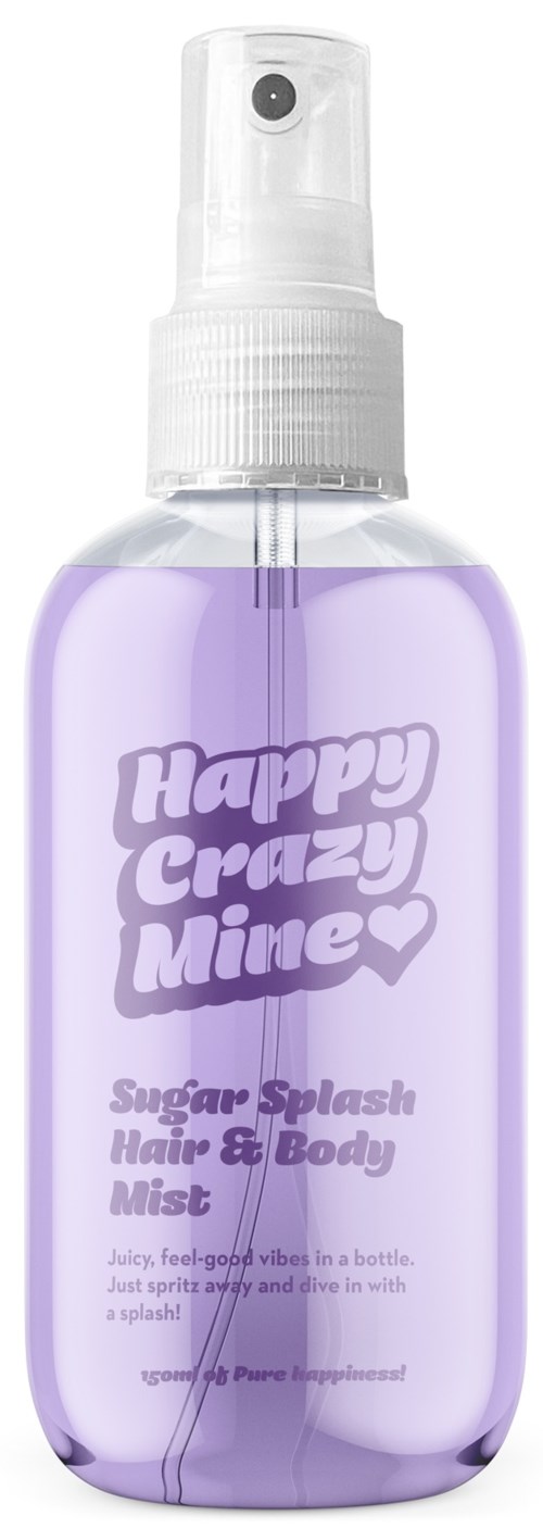 Fioletowa butelka z rozpyskiwaczem i białą nakrętką, etykieta z napisem "Happy Crazy Mine" i "Sugar Splash Hair & Body Mist."