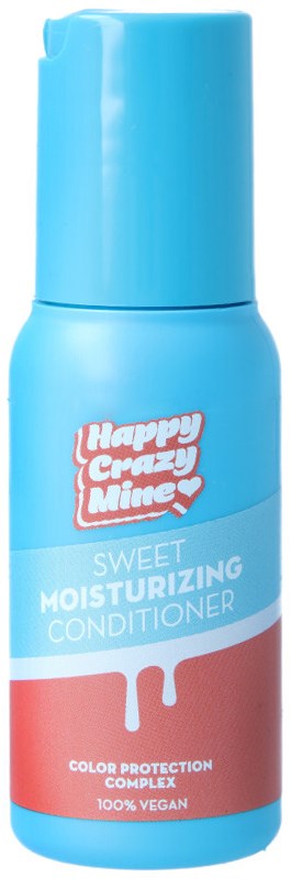 En blå flaske med Happy Crazy Mice sød fugtgivende balsam til hår, vegansk og til farvebeskyttelse.