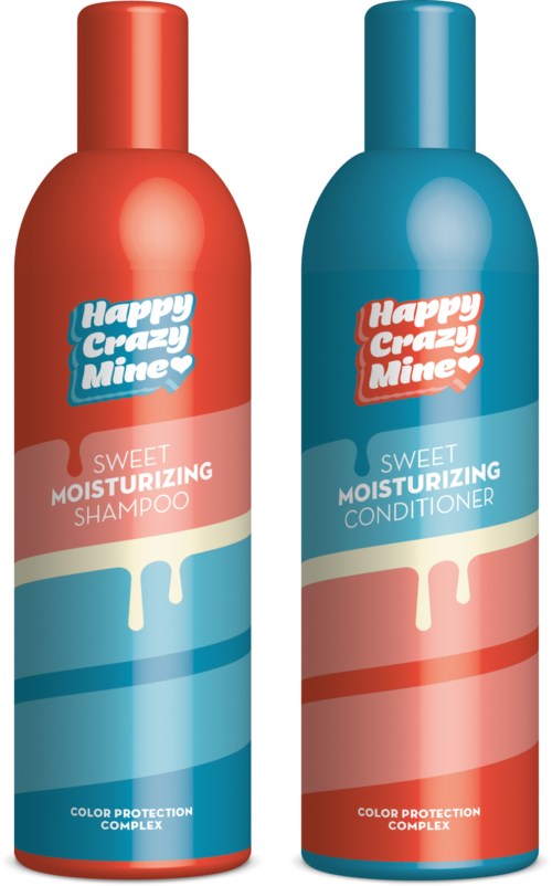 Två flaskor, en röda och en blå, märkta 'Sweet Moisturizing Shampoo' och 'Sweet Moisturizing Conditioner.'