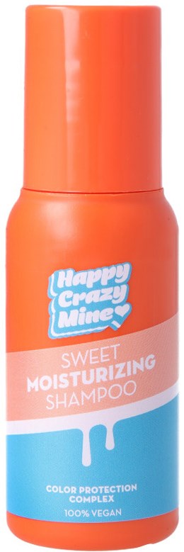 Orange flaska med Happy Crazy Mine Söt Fuktgivande Schampo med blå och vit etikett, hjärta och färgglad design.