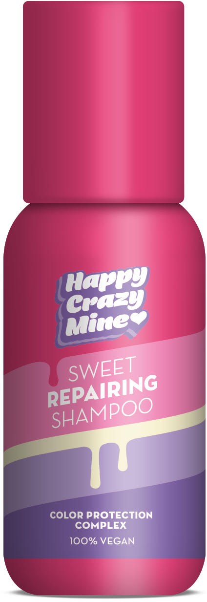 Różowa butelka z napisem 'Happy Crazy Mine' i 'Sweet Repairing Shampoo', zawiera kompleks ochrony koloru i jest wegański.