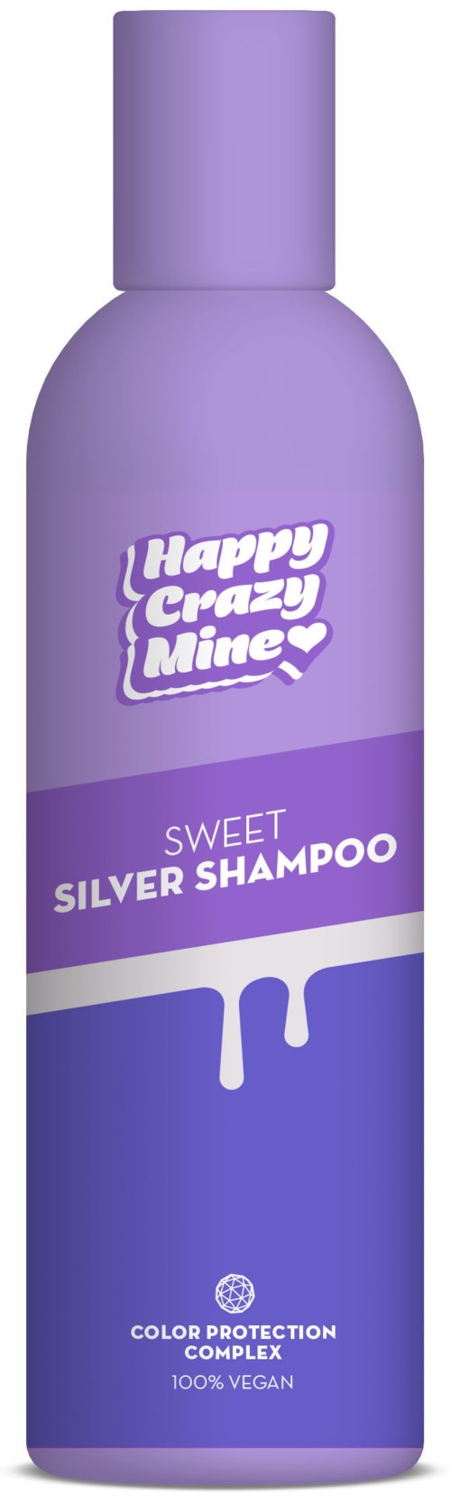 En lilla sjampo-flaske merket "Sweet Silver Shampoo" med hvit dråpe-design, vegansk, og for fargebeskyttelse.