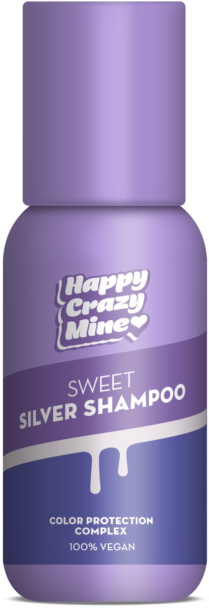 En lilla flaske af Happy Crazy Mine Sweet Silver Shampoo, mærket til farvebeskyttelse og vegansk.