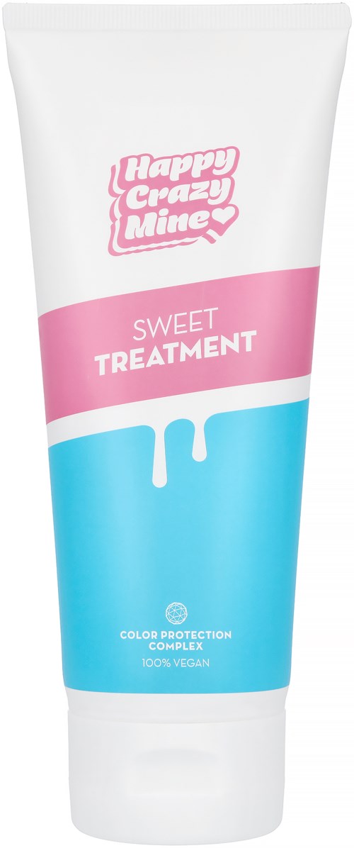 En tube med hårbehandling i rosa, blå og hvit farge, merket "Sweet Treatment" og "Color Protection Complex."