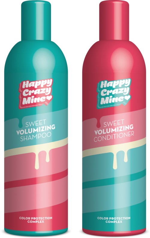 To flasker med hårpleieprodukter, en for sjampo og en for balsam, i rosa og blå farger med leken etikett.